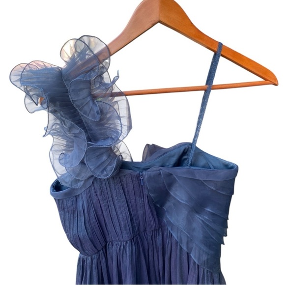 BCBG MAXAZRIA Dark Blue Grey Metallic Tulle Overlay One Shoulder Dress 6 - Picture 8 of 16